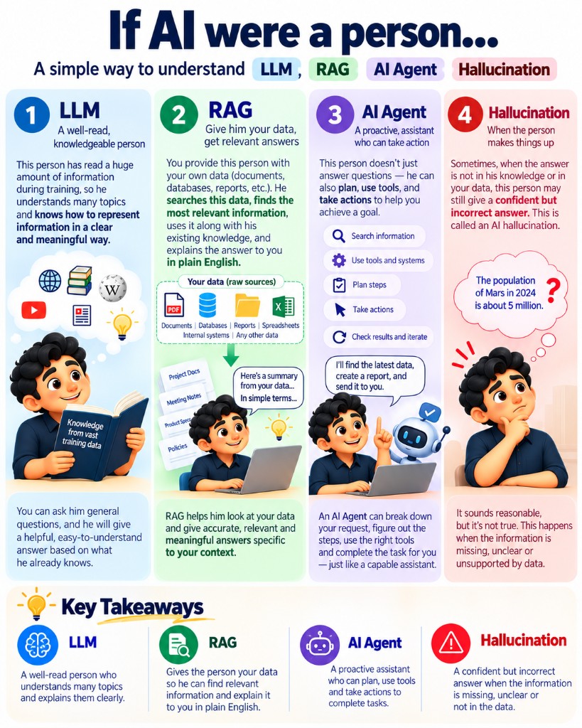 If AI were a person: LLM, RAG, AI Agent, and hallucination